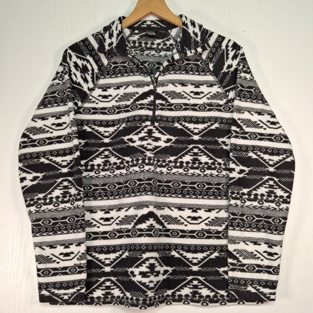 Eddie Bauer Womens Fleece Pullover M Quarter Zip Aztec Geometric Black White
